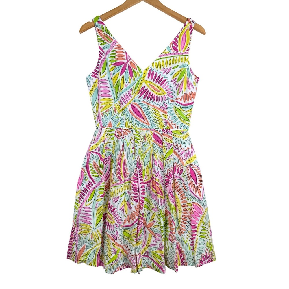 Tahari ASL Tropical Print V-neck Fit & Flare Sleeveless Dress size 4 White/Pink